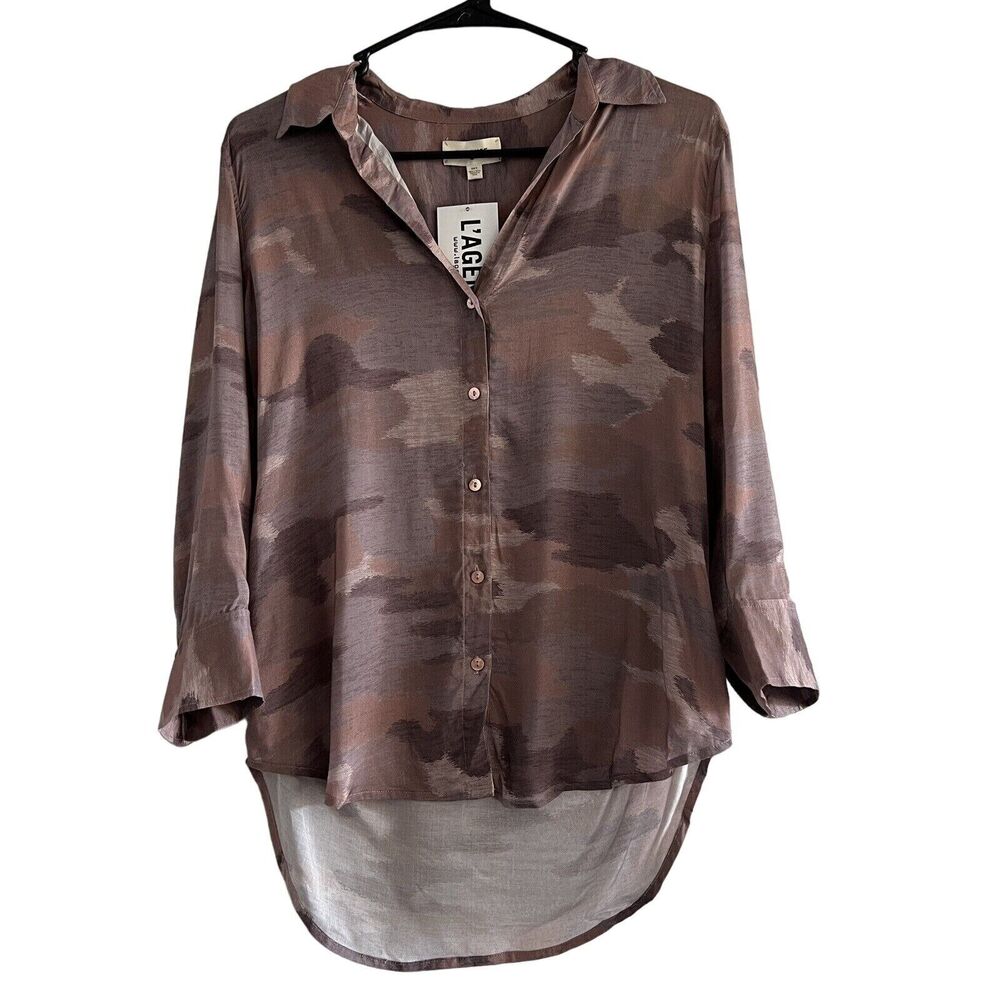L’Agence Shirt Womens XS/T Button Down 2/3 Sleeve Brown Camo FLAW